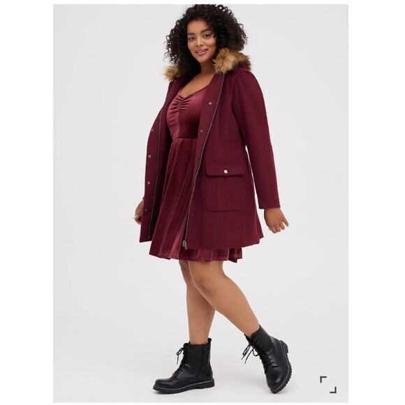 Torrid Wool Faux Fur Hooded Deep Red Zip Front Coat - Picture 3 of 16